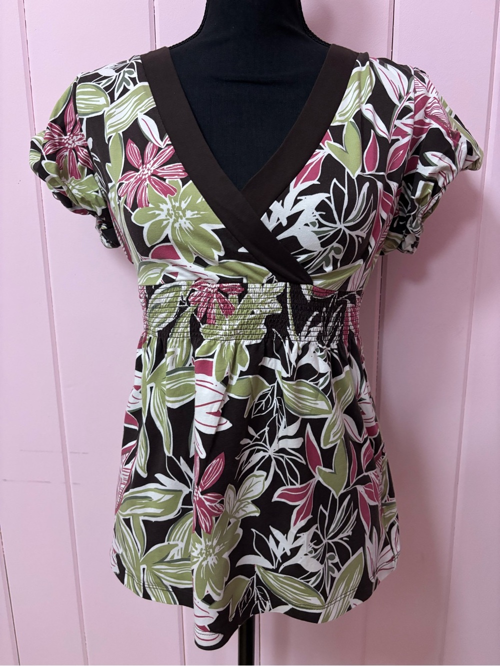 Vtg Y2K Brown Pink Green Tropical V-Neck Babydoll Tee Blouse Puff Sleeves Large